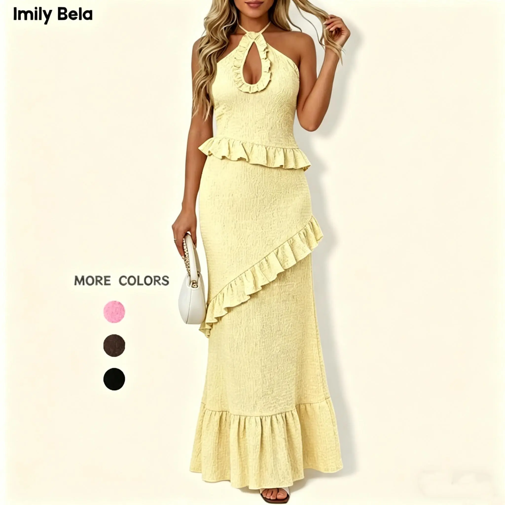 Imily Bela Womens Sexy Halter Maxi Dress Cutout Sleeveless Ruffle Tassel Backless Party Club Boho Summer Dresses Womenswear
