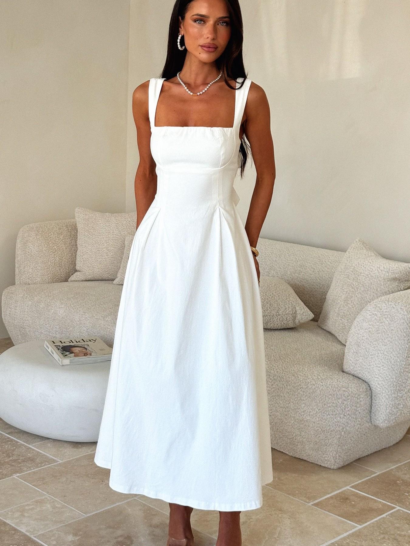 Elegant Vintage Square Neck Back Tie Strap Dress, Sleeveless Fitted Midi Dress, Casual Plain Style Day Evening, Women's Fashion Clothing, Casual Wear, Womenswear