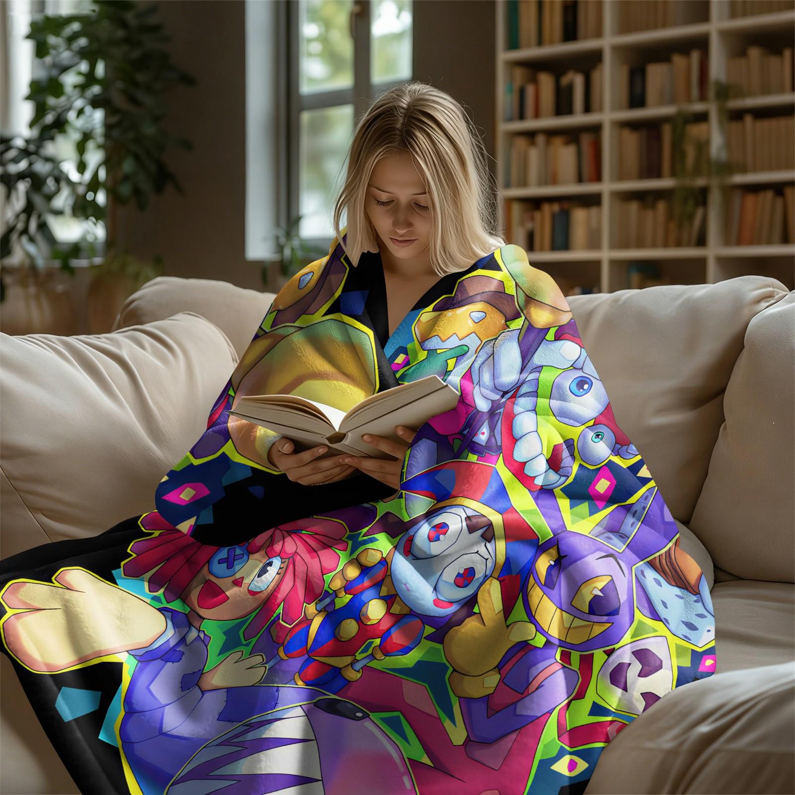 Trendy Digital Circus All-Character Print Blanket, Cartoon Anime Peripheral Flannel Nap Blanket, Warm Sofa Cover Blanket for Home & Student Dorm, Flannel Cozy Blanket