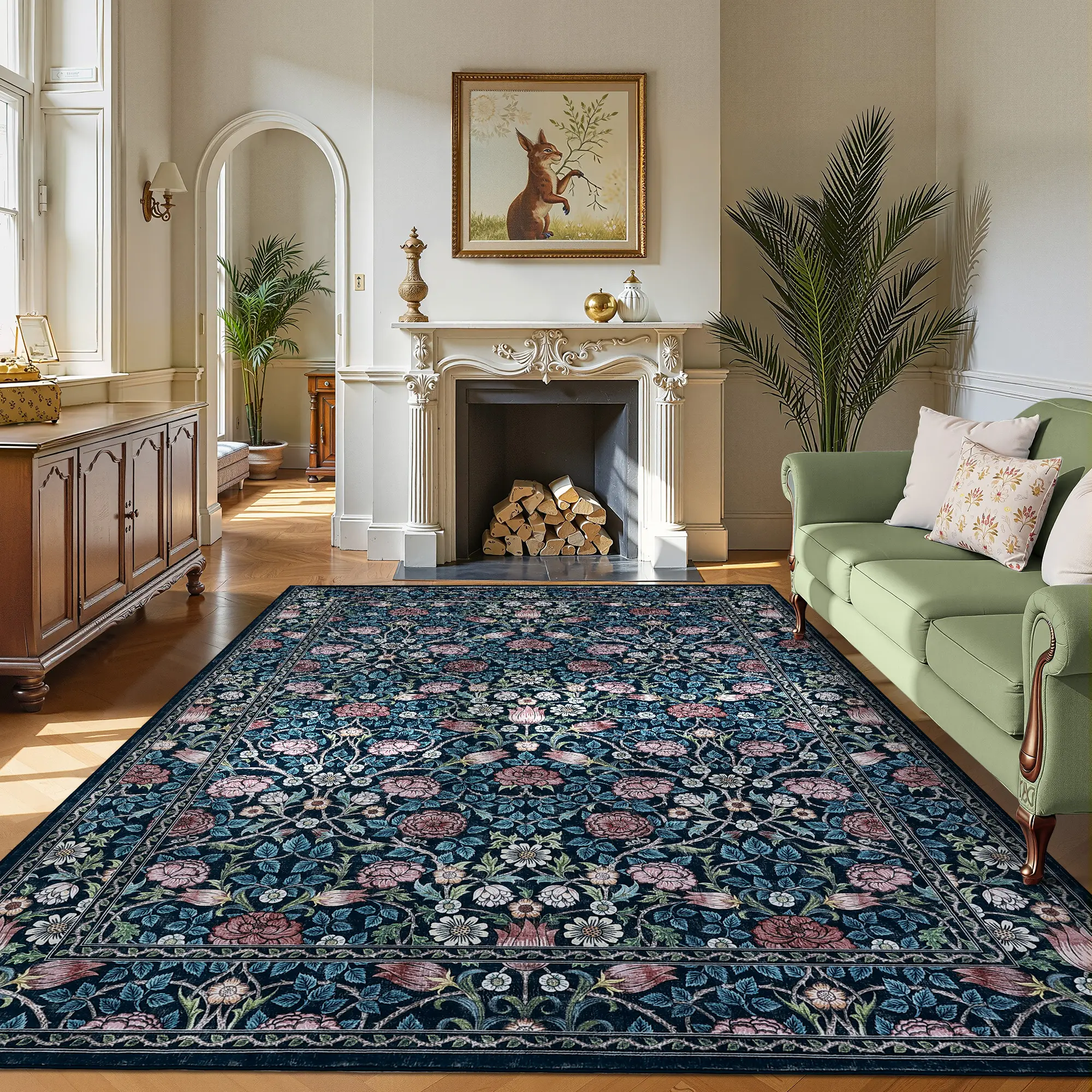 Vintage Floral Print Rug Low-pile Non-slip Stain-resistant Washable Area Rug Ultra-thin Foldable High-traffic Rug for Living Rooms Bedrooms Dining Rooms and Farmhouses