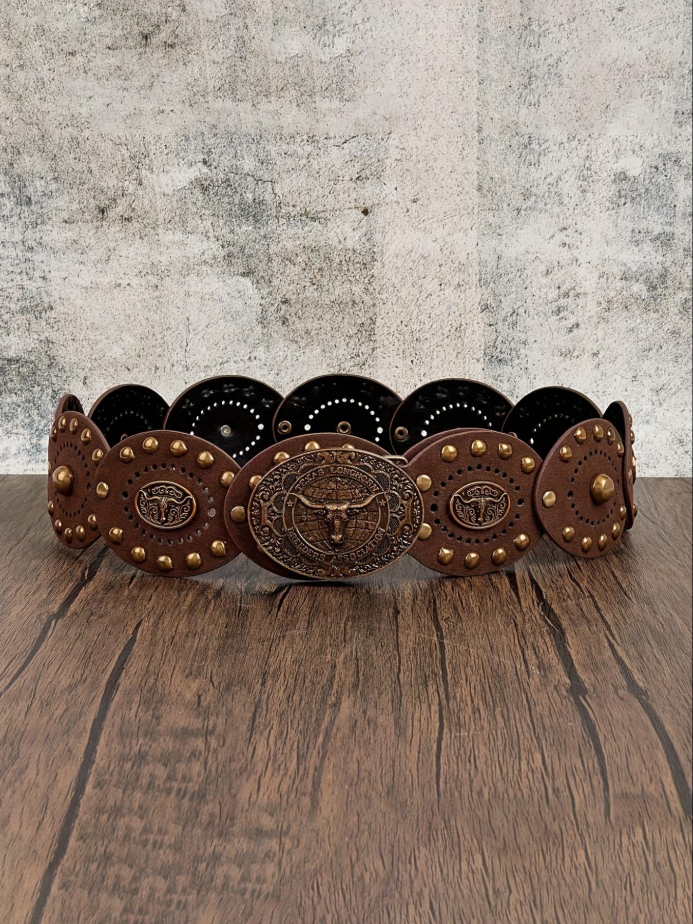 Women's Western Cowboy Style Wide Belt, PU Leather Patchwork, Antique Copper Rivets, Bohemian Carved Bull Head Buckle, Cowboy Cowgirl Belt