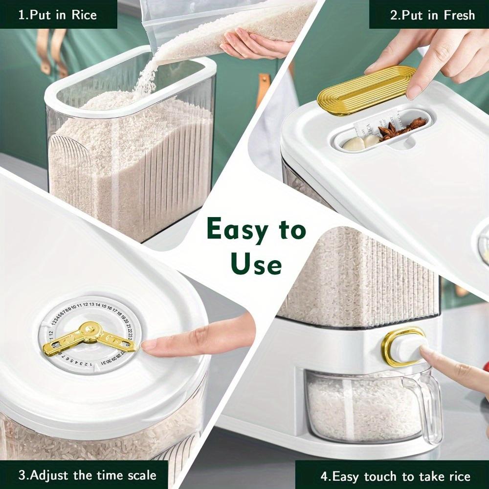 11.02LB/22.05LB rice dispenser, rice bucket，large dry food storage container with measuring cup and time scale, food dispenser for kitchen organizations and pantries, containing dry grains Dustproof Stackable Durable Plastic Multi Compartment Design