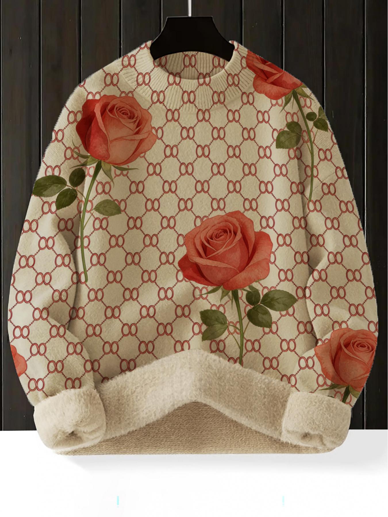 Women's Geometric Floral Print Stand Collar Sweater, Casual Long Sleeve Knitwear for Fall Winter, Comfortable Warm Daily Wear