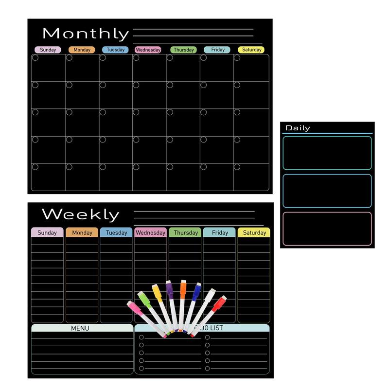 QIUCHAN Dry Erase Boards Black Set - 3 Magnetic Boards for Refrigerator, Monthly, Weekly Organizer & Daily Notepad, Wall & Fridge Family Boards Include 8 marker
