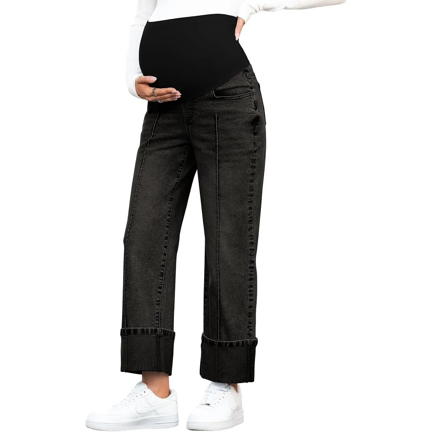 Maternity Jeans Over Belly Straight Leg Denim Pants with Pockets | Pregnancy Pants for Women Comfy Casual Wear Daily Work Travel Trousers With Cuffed Hem Summer Fall Maternity Clothes