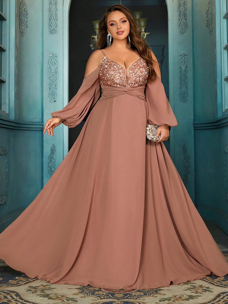 Women's elegant deep V-neck spaghetti strap sequin maxi dress,lantern sleeves chiffon dress, plus-size twisted waist A-line hem formal gown, holiday prom party dresses, wedding guest dresses, bridesmaid dresses,Champagne Color upscale cocktail dress