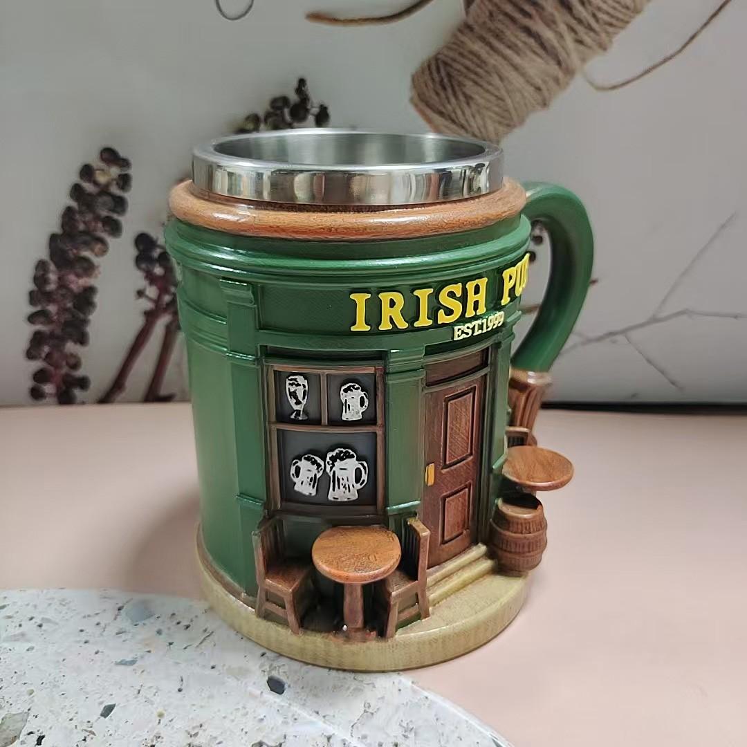 Irish Theme Tree Mug, Stainless Steel & Resin, Clover Pattern, Durable Tea Cup, Ideal for Irish Bar Decor, Moving Gift, St Patrick's Day Present