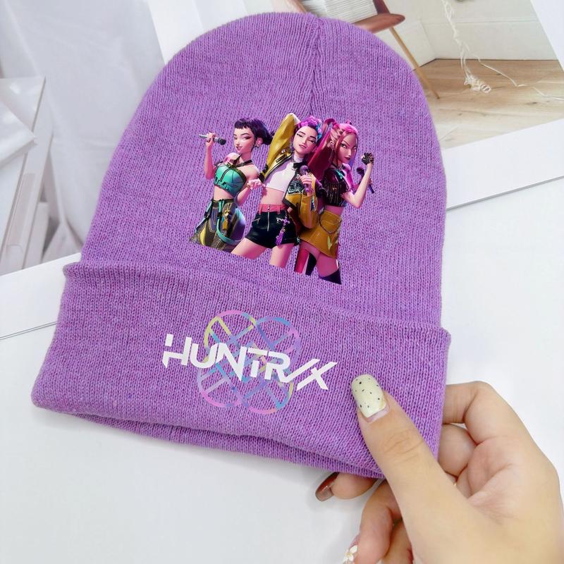 New K-Pop Demon Hunters Knitted Hat, Velvet Material, Warm Cap for Teens and Adults, Trendy Cartoon Print, Unisex Fashion Beanie, Graphic Hat
