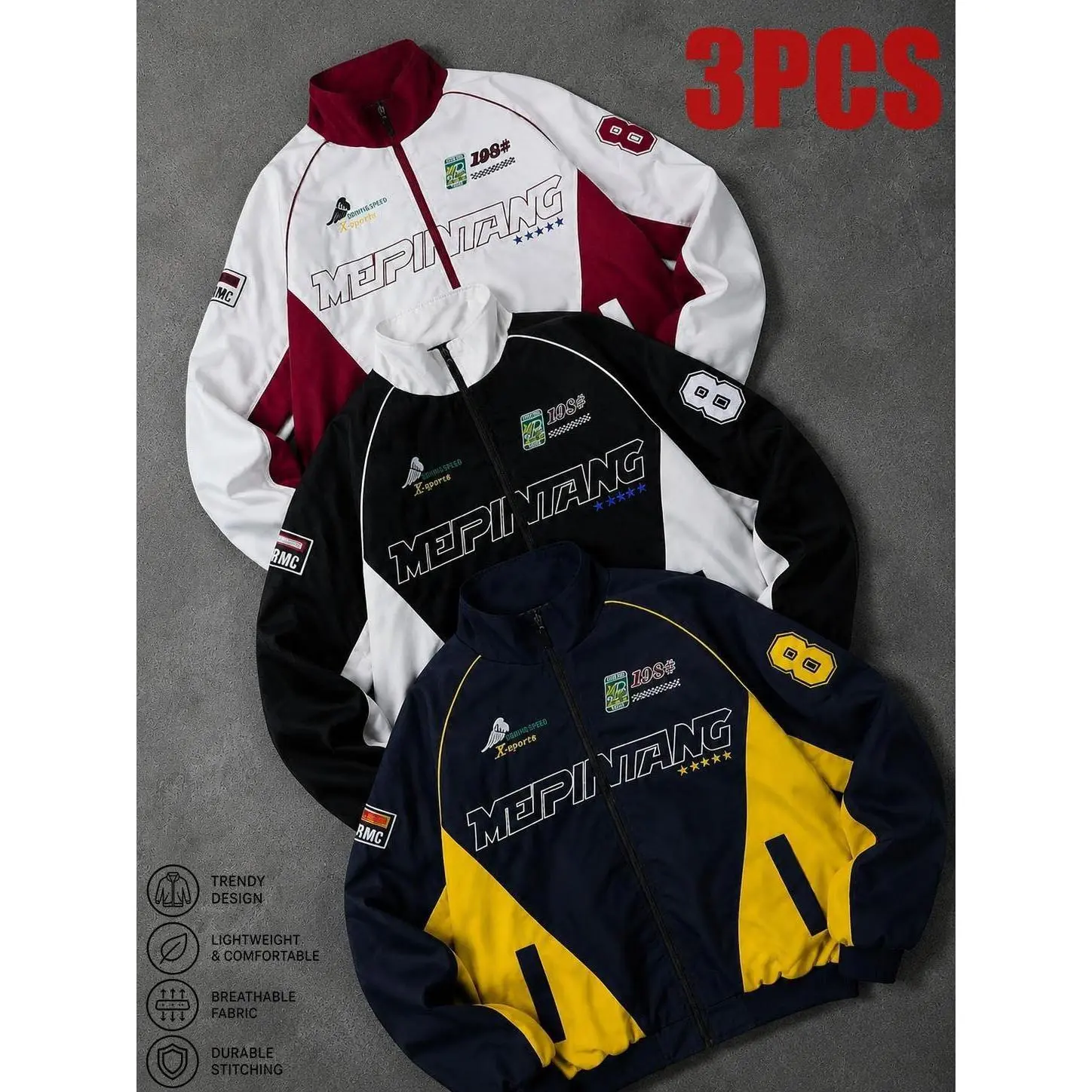 Men’s Thin Windproof Polyester Motorcycle Racing Jacket - Lightweight Sportswear, Embroidered Fashion Pattern Outerwear, Unisex All-Season Sports Coat, Polyester Clothes, Embroidery