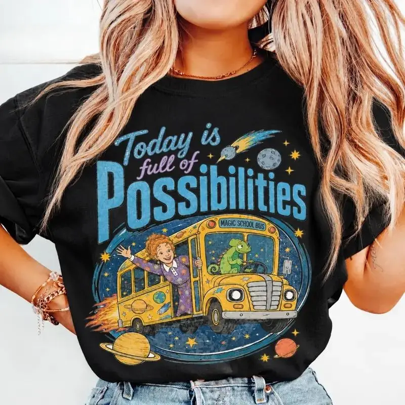 100% Cotton Fitted Breathable Print T-Shirt - Magic School Bus Miss Frizzle Inspired 90's Vintage Vibe Top, Everyday Grade School Teacher Tee with "Today is Full of Possibilities" Graphic