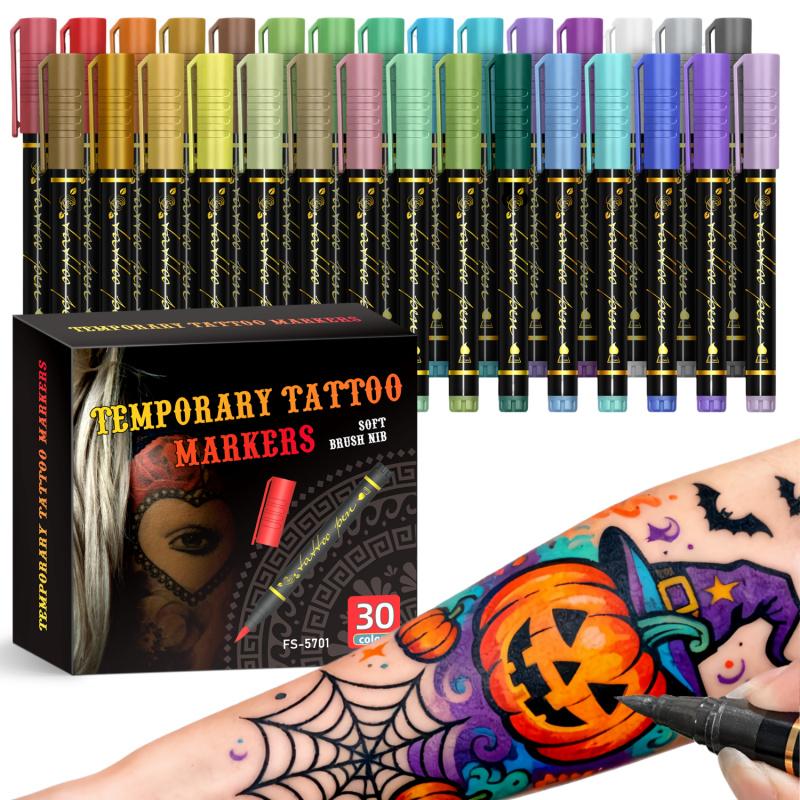 Temporary Tattoo Markers for Skin, 10/15/30-Count Body Markers 10/15/30 Colors Tattoo Pens, Tattoo Stencils,Flexible Brush Tip, Bright colors, High Pigment, Face Paint Kit Cosmetic Quality,Halloween makeup