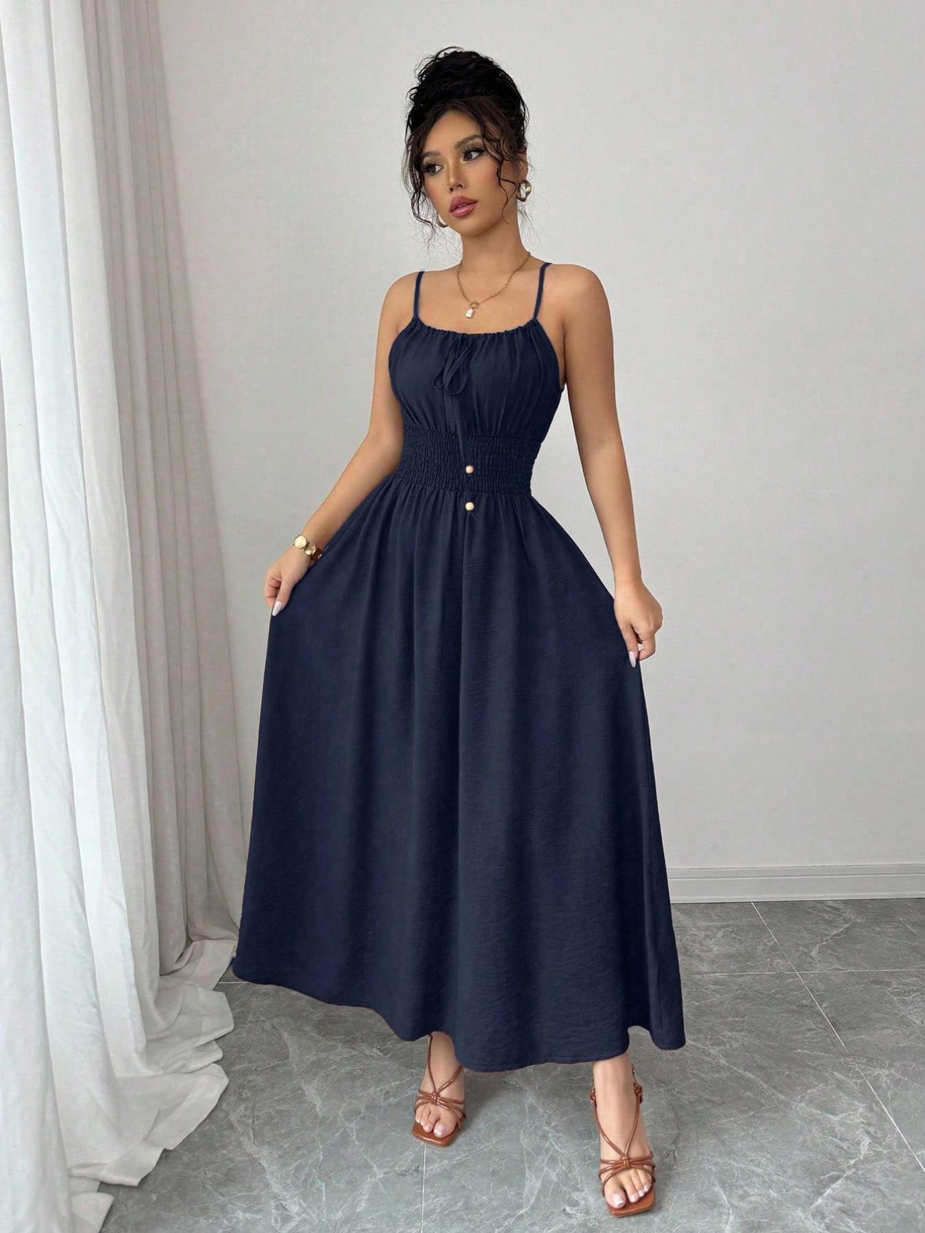 A women's fashionable and high-end French gentle style waist cinching spaghetti strap camisole dress with lace up bead design, suitable for summer, beach wear, dates, dinners, and travel Straps Summer Dress