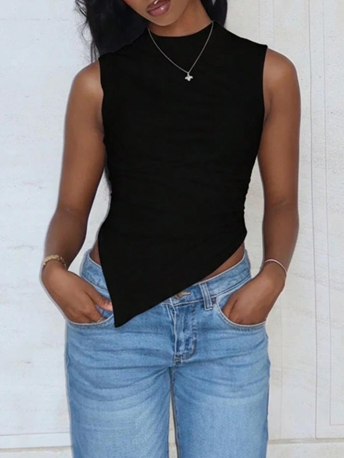 Women's Solid Color Sleeveless Mock Neck Cropped Tank Top, Asymmetrical Hem, Stretchy Fabric, Casual & Daily Wear,Multipack