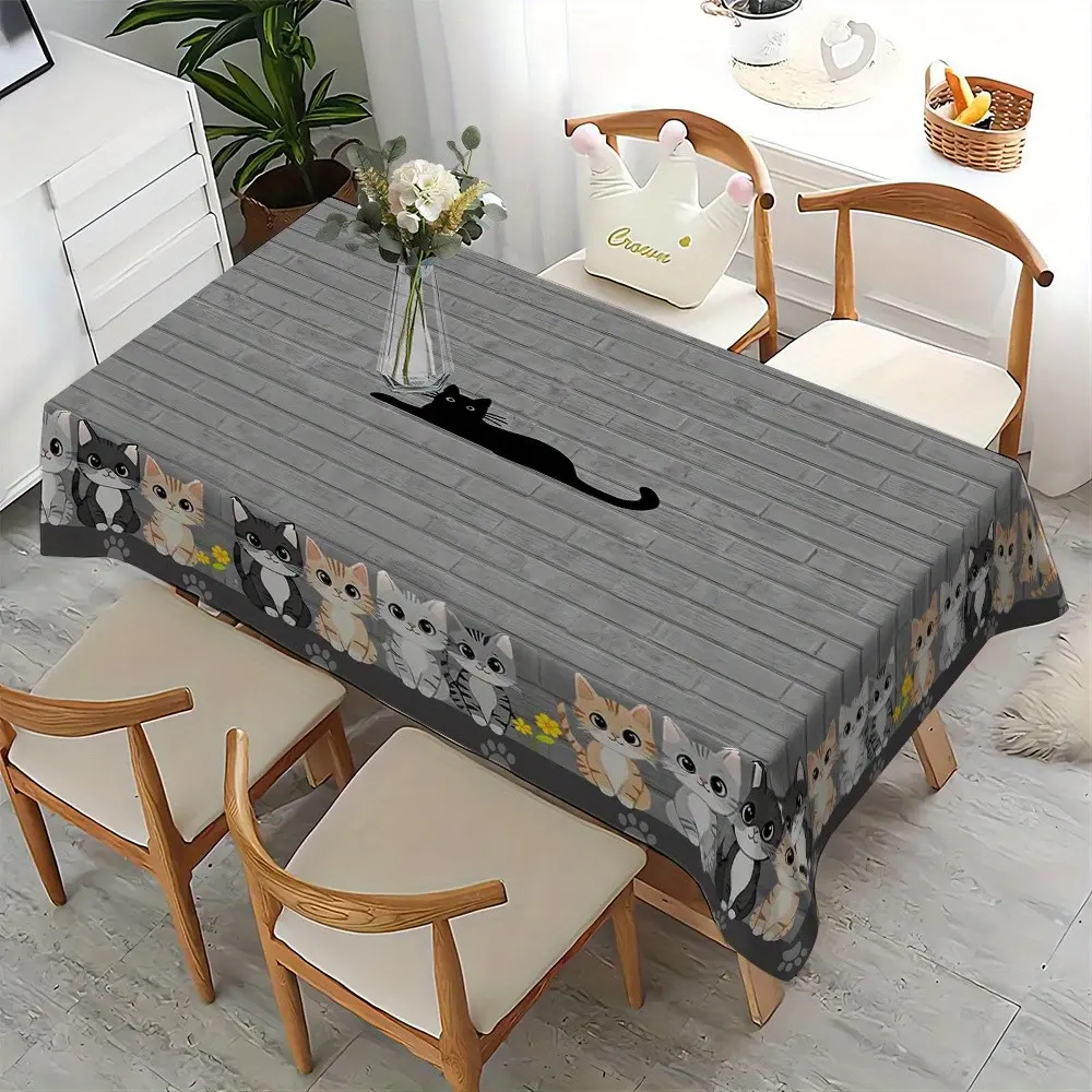 Gray wood-grain cute cat pattern printed straight-edge tablecloth, waterproof and stain-resistant reusable square tablecloth, suitable for decoration in living rooms, dining rooms, hotels and Home