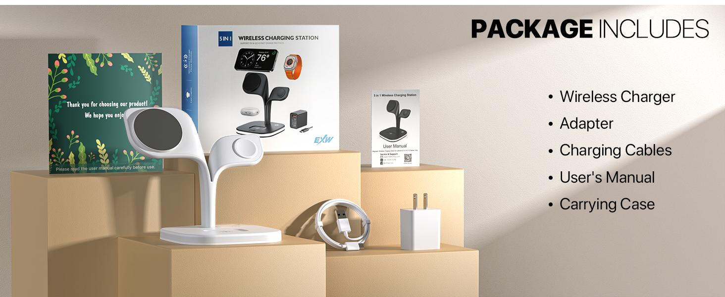 Real Wireless Charging Dock/2025 New Year Gifts EXW 5-in-1 Magnetic Desktop Fast Charging Station for Multiple Devices for iPhone 16/15/14/13/12 Series& Apple Watch & AirPods