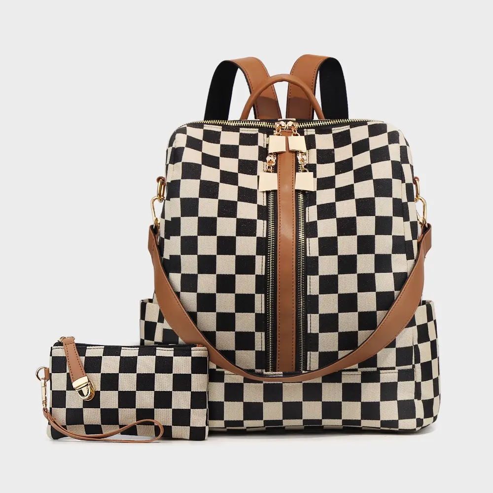 Women's Korean Compact PU Leather Checkered Backpack Purse with Cherry Pendant, Zipper-Closure Casual Bag for Work, Travel