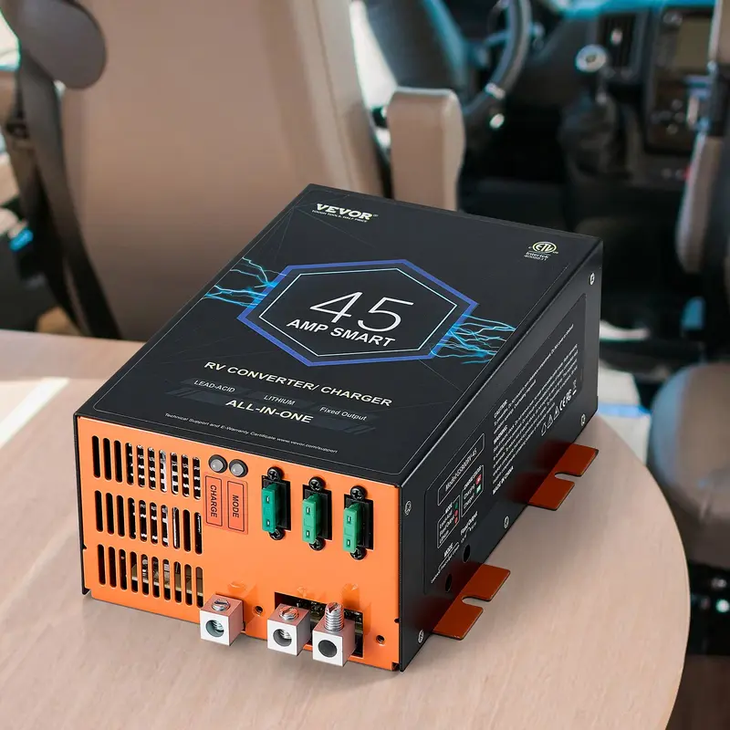 VEVOR 45A RV Power Converter Battery Charger, 110V/120V AC to 12V DC, 4-Stage Smart Charging, 13.0-16.5V Adjustable Operating Range, 30Ah-50Ah Compatible, for Lithium/Lead Acid Batteries, ETL Listed, Advanced Protection, Backup Fuse, Ideal for Road Trips VEVOR 45A RV Power Converter Battery Charger, 110V/120V AC to 12V DC, 4-Stage Smart Charging, 13.0-16.5V Adjustable Operating Range, 30Ah-50Ah Compatible, for Lithium/Lead Acid Batteries, ETL Listed, Advanced Protection, Backup Fuse, Ideal for Road Trips