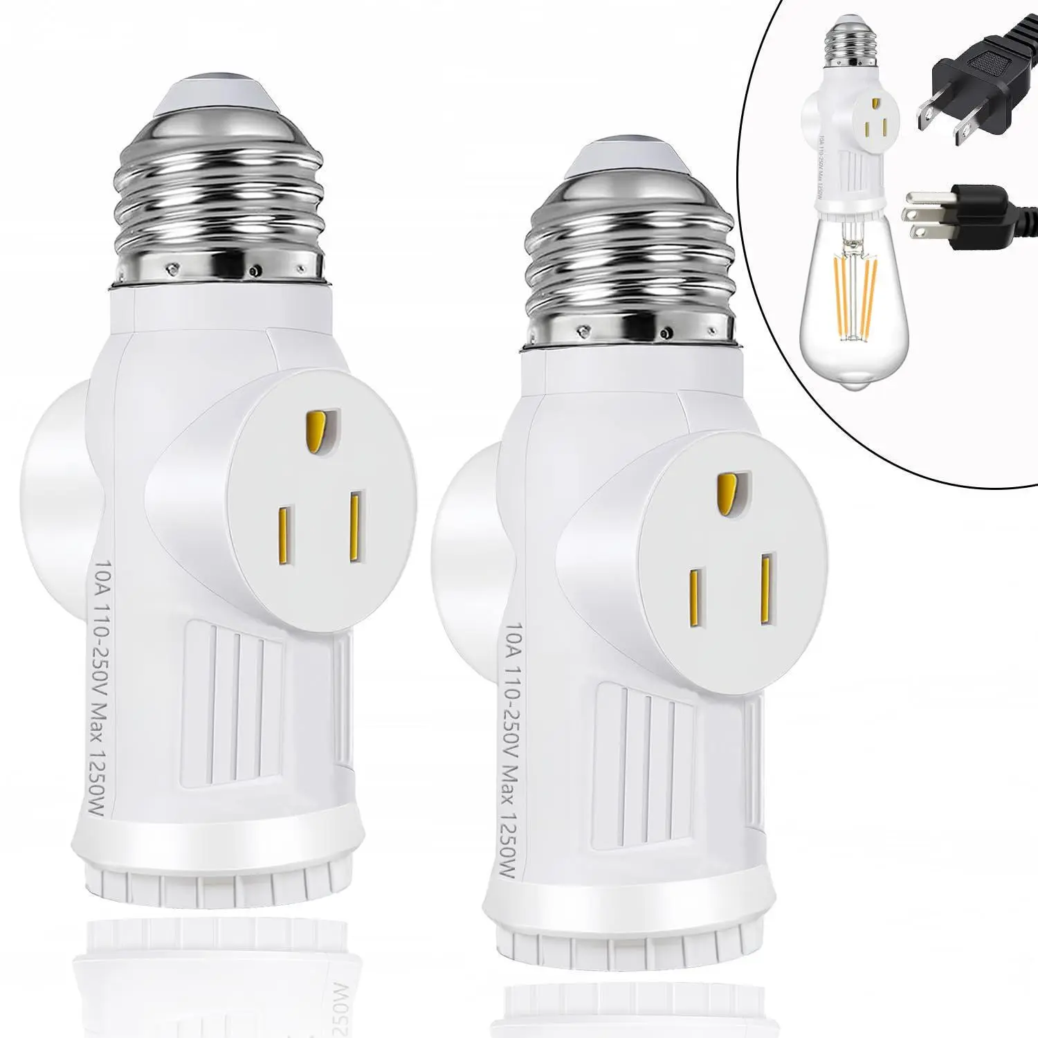 2 Pack White E26 Light Socket to Plug Adapter, 2/3 Prong Outlet Converter (Max 1250W), Home Supplies for Garage, Porch