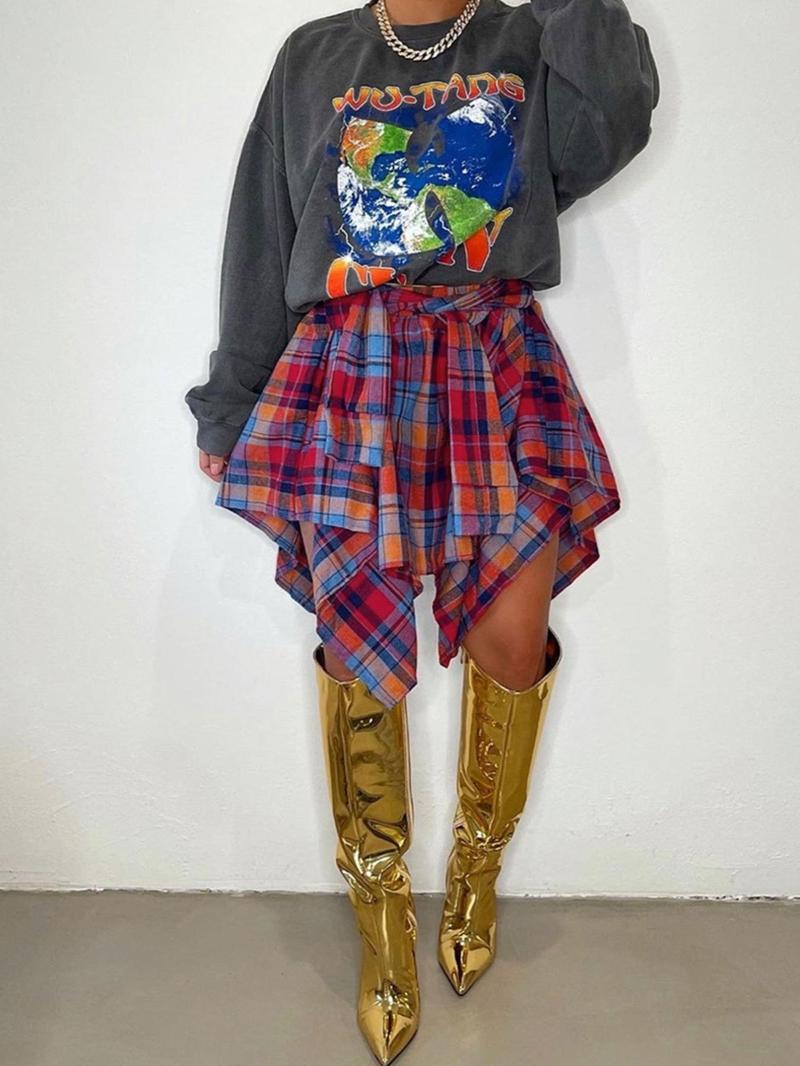 【Plus Size】 Plaid Print Asymmetrical Hem Skirt, Casual Knee Length Skirt for Fall & Winter, Women's Bottoms for Daily Wear