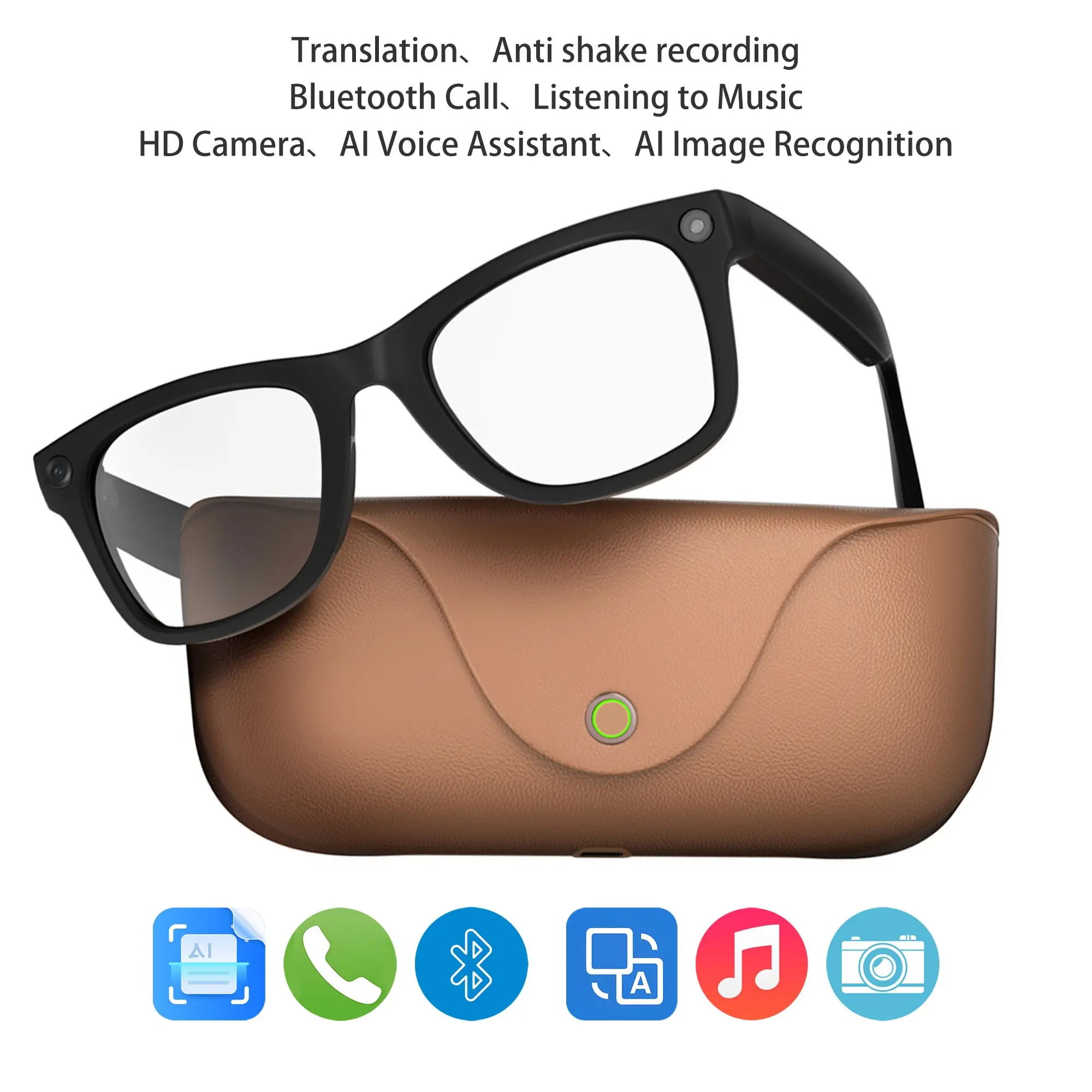 Sunglasses Men with 8MP HD Camera, Dual Lenses Included, Open-Ear Audio, Real-Time Translation, Voice Assistant, Leather Charging Case, Smart Recording Glasses for Travel Daily Use Multifunction Smart Glasses