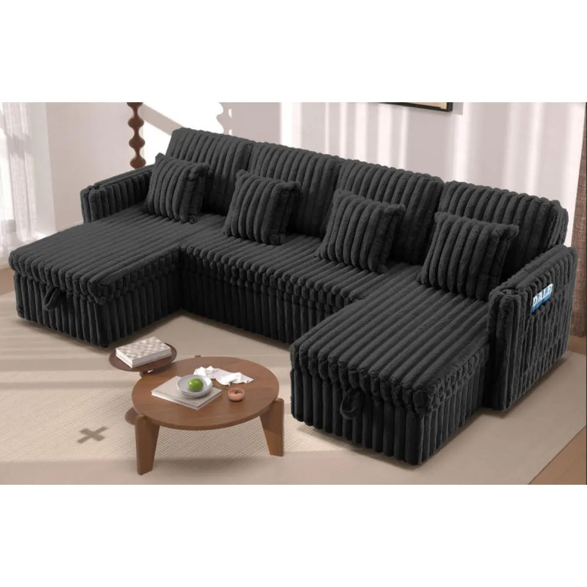 Sectional Sofa Sleeper Sofa Large Corduroy Modular Couch with Pull Out Bed, Double Storage Chaise, USB Ports, Plush Deep Seat Sofa with Pillows, Comfortable Living Room Furniture for Family Movie Night Apartment
