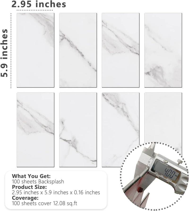STICKGOO 100PCS Peel and Stick Backsplash, PVC Aluminium Wall Tile, Marble White Stick on Backsplash for Kitchen/Bathroom/Fireplace, Home Interior