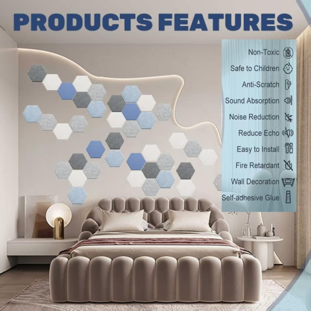 12pcs Hexagonal Self-Adhesive Sound Absorbing Panels, Indoor Noise Reduction Wall Decor, Thick Polyester Fiber, Living Room Decoration