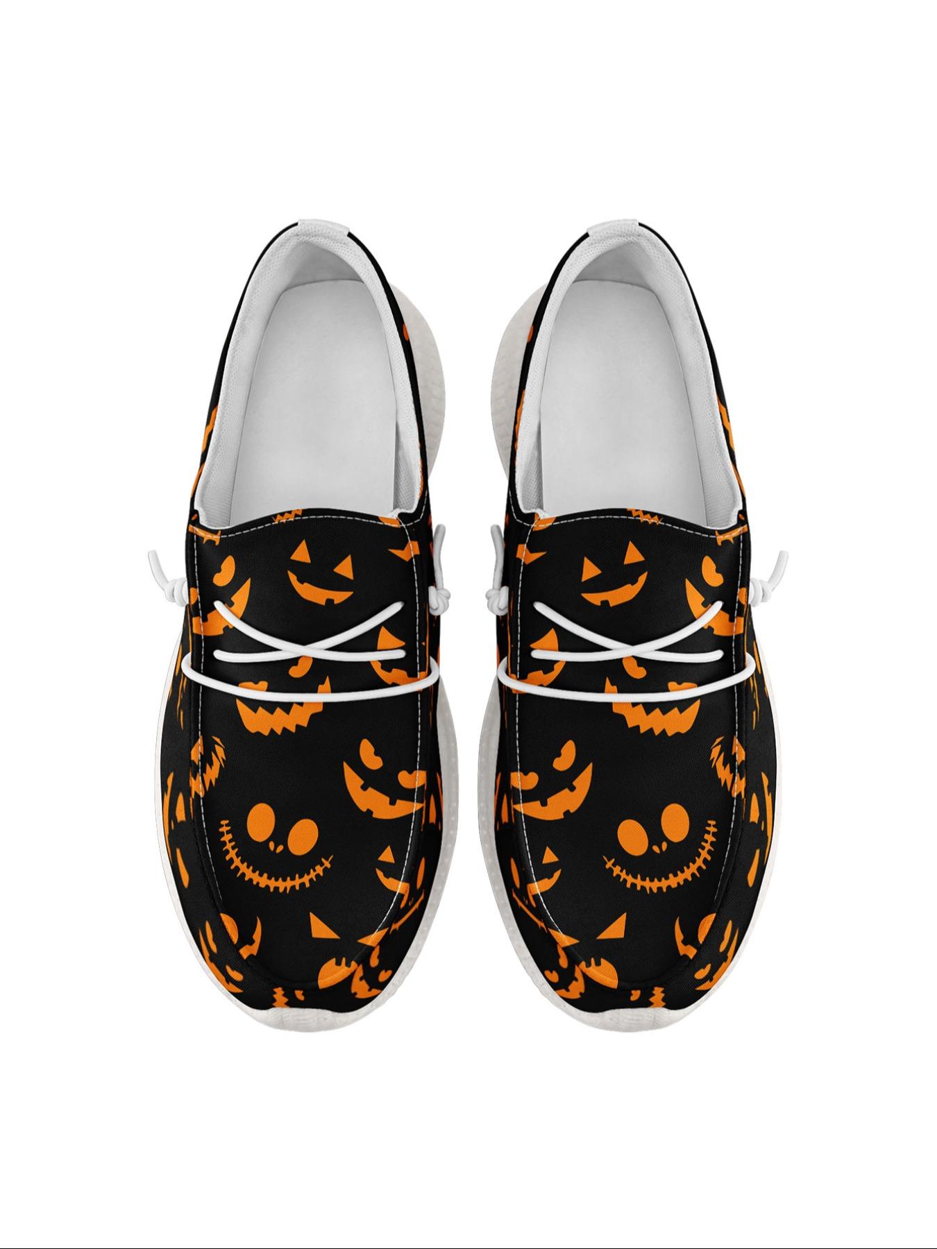 Women's Halloween Themed Ghost & Pumpkin Print Lace Up Low Top Sneakers, Casual Comfortable Breathable Sports Shoes, Fashionable All-match Sneakers for Daily Wear