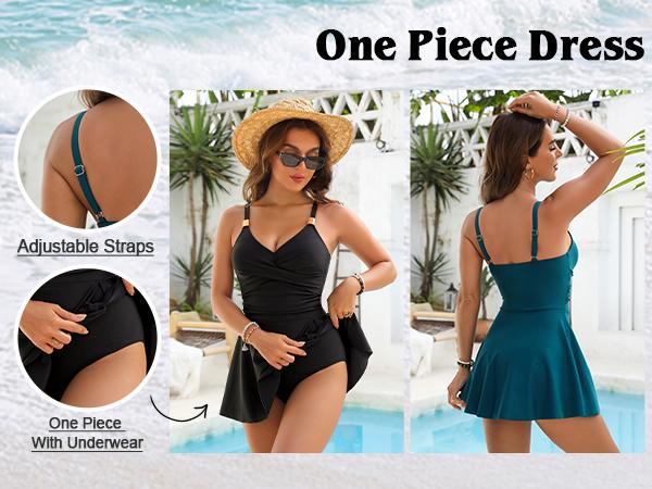 Blooming Jelly Gold Metal Tie Knot One Piece Swimsuit Womens Tummy Control Swim Dress Tankini Outfit Summer Swimdress