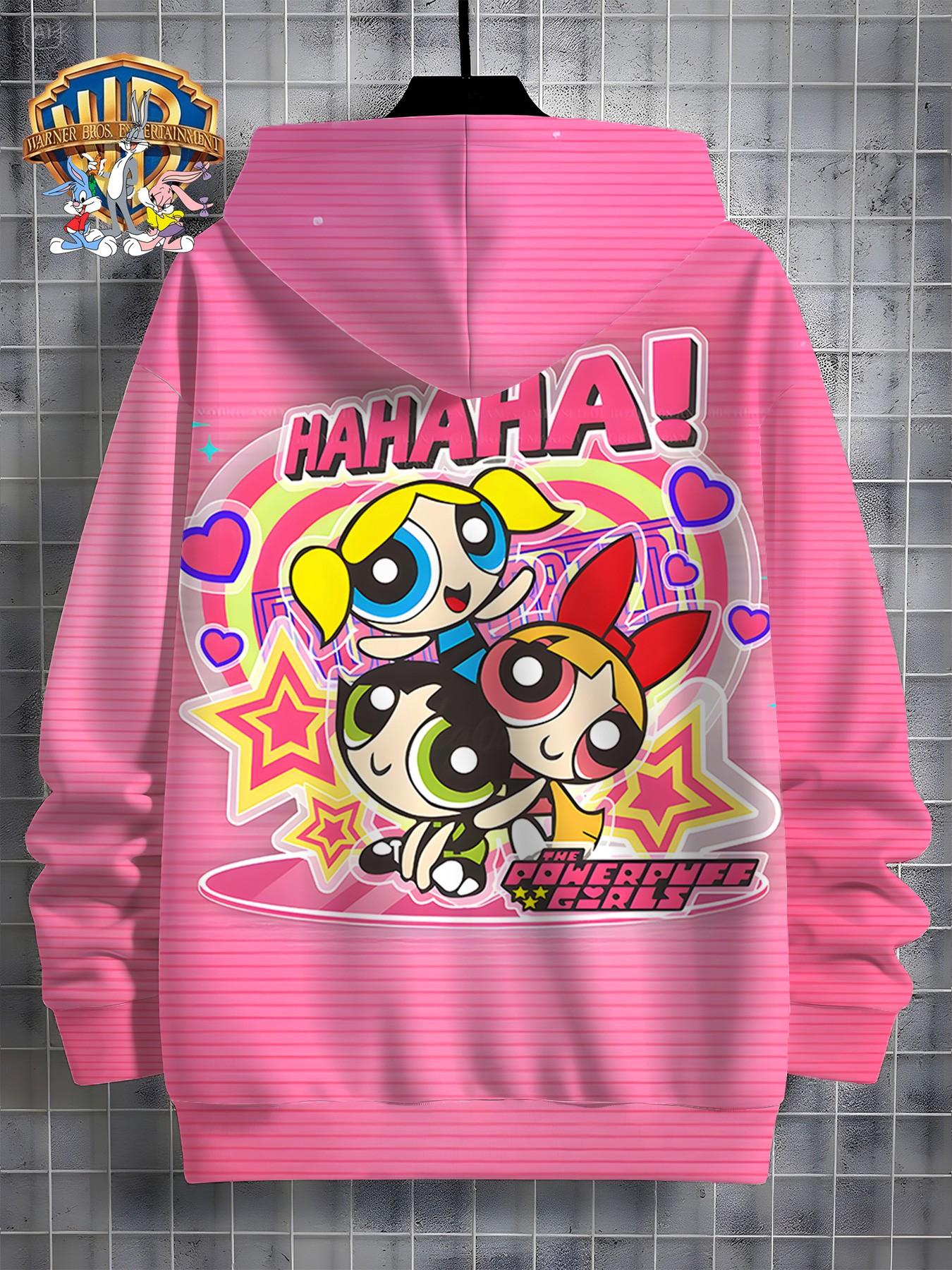 Wb Official the Powerpuff Girls Kids Hoodie, Girl Cartoon Striped Long Sleeve, Fall Winter Casual Loose Fit, Back-To-School Fun Sweatshirt