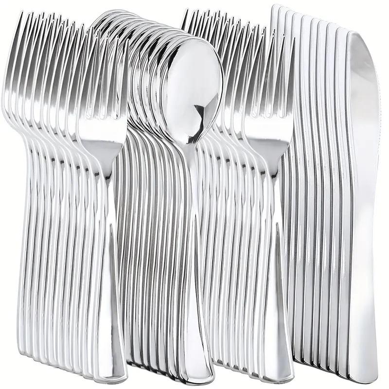 Wellife 400PCS Plastic Cutlery  Include 200 Forks, 100 Spoons, 100 Knives, Silver Disposable Silverware Perfect for Wedding, Party