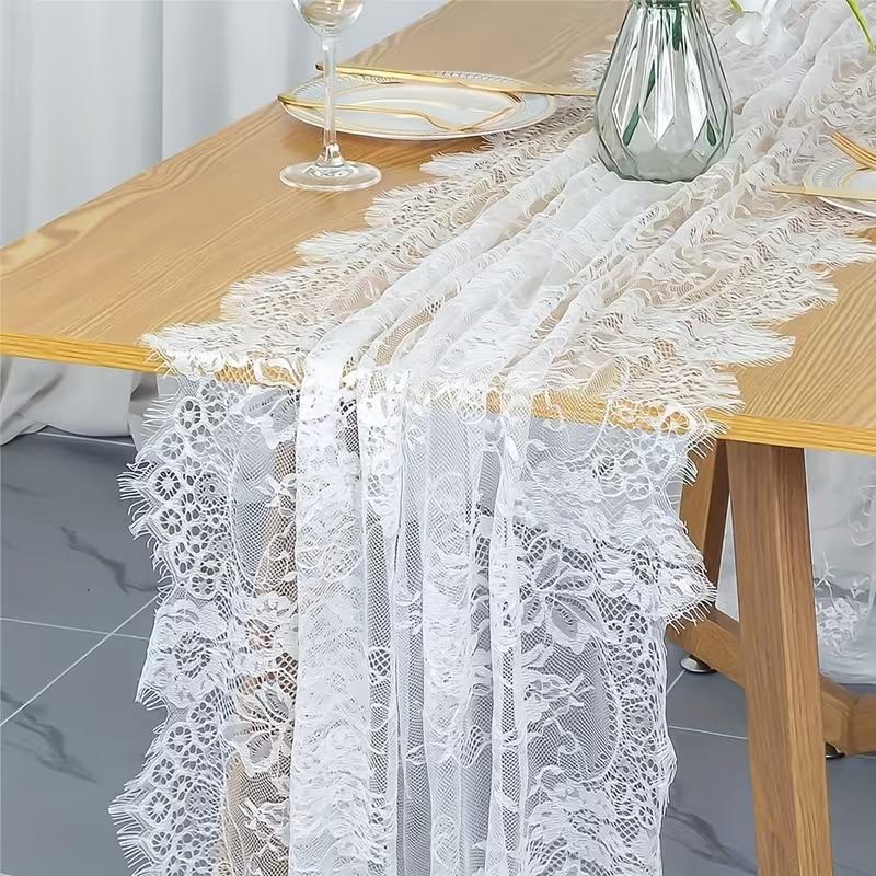 French Lace Table Runner Floral Edge Romantic Wedding Decoration, Elegant Linen Fabric Design, Perfect Gift Idea