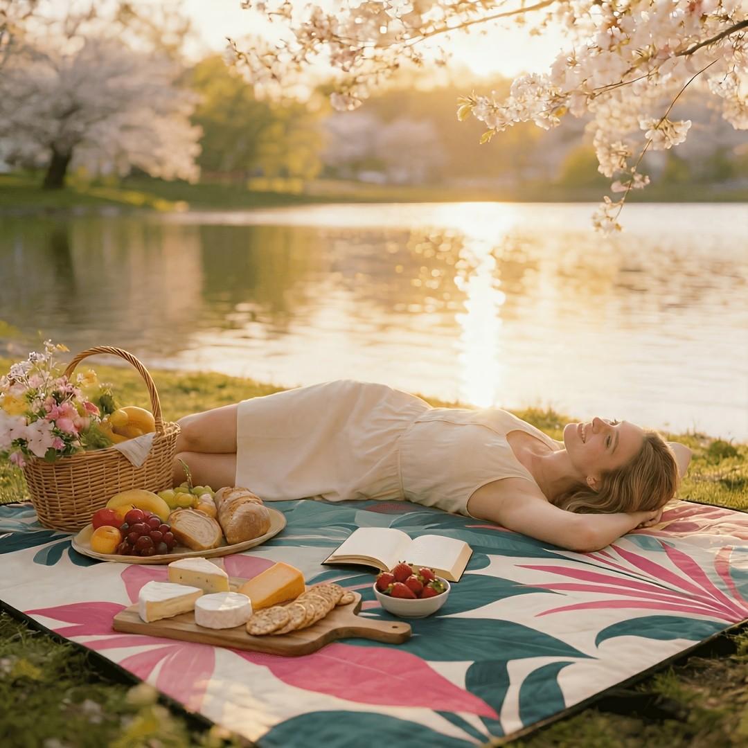 Extra Large 78x78 Inch Foldable Picnic Blanket, Soft Thick Layered Design, Floral Fruit Print, PU Coated Oxford Fabric, Hand Wash Only