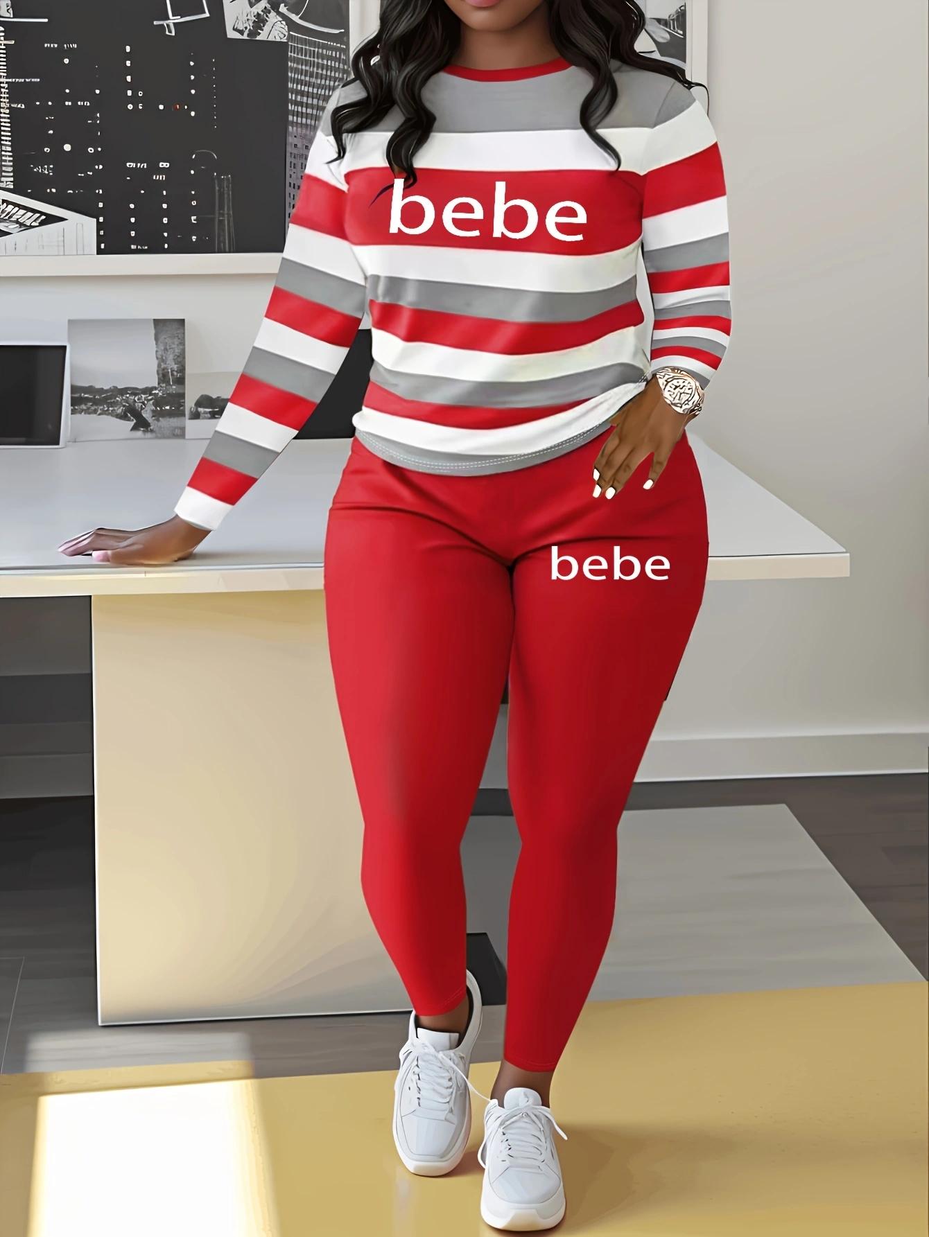 Women's Striped 'Bebe' Letter Print Round Neck Long Sleeve Top and Pants Set, Comfortable Casual Two-Piece Striped Lounge Set, Casual Fashion Set for Autumn and Winter