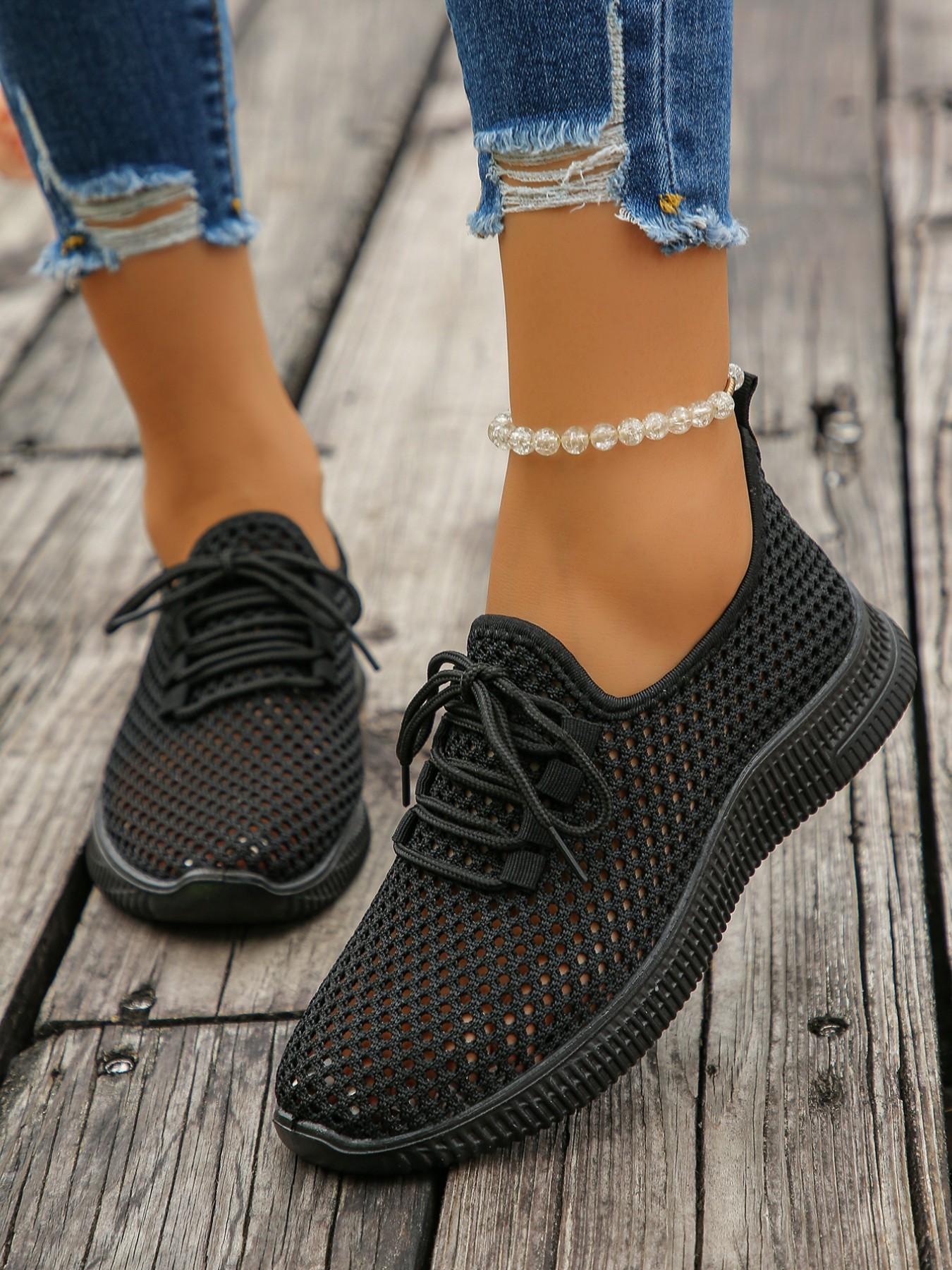 Women's Breathable Mesh Sneakers, Casual Sport Shoes with Lacing Design, Thick Sole Shock Absorption, Ideal for Spring Summer Daily Use