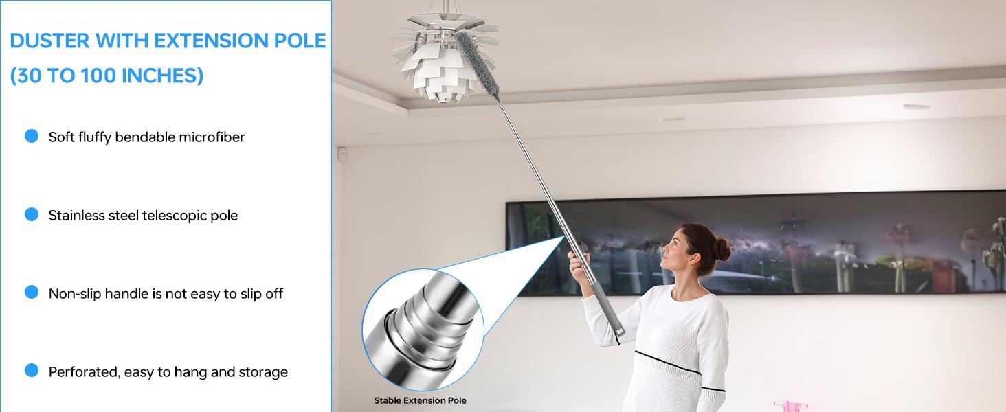 KEEPOW Microfiber Duster with Extension Pole, Stainless Steel Extension Pole 85.5 to 256 cm, Bendable Cleaning Duster of Cleaning Ceiling Fans, High Ceilings, Blinds, Furniture, Cars Dusting