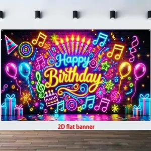 2D Flat Banner 1pc Party Banner, Birthday Decoration, Durable Polyester Material, Neon Music Background with Colorful Lights