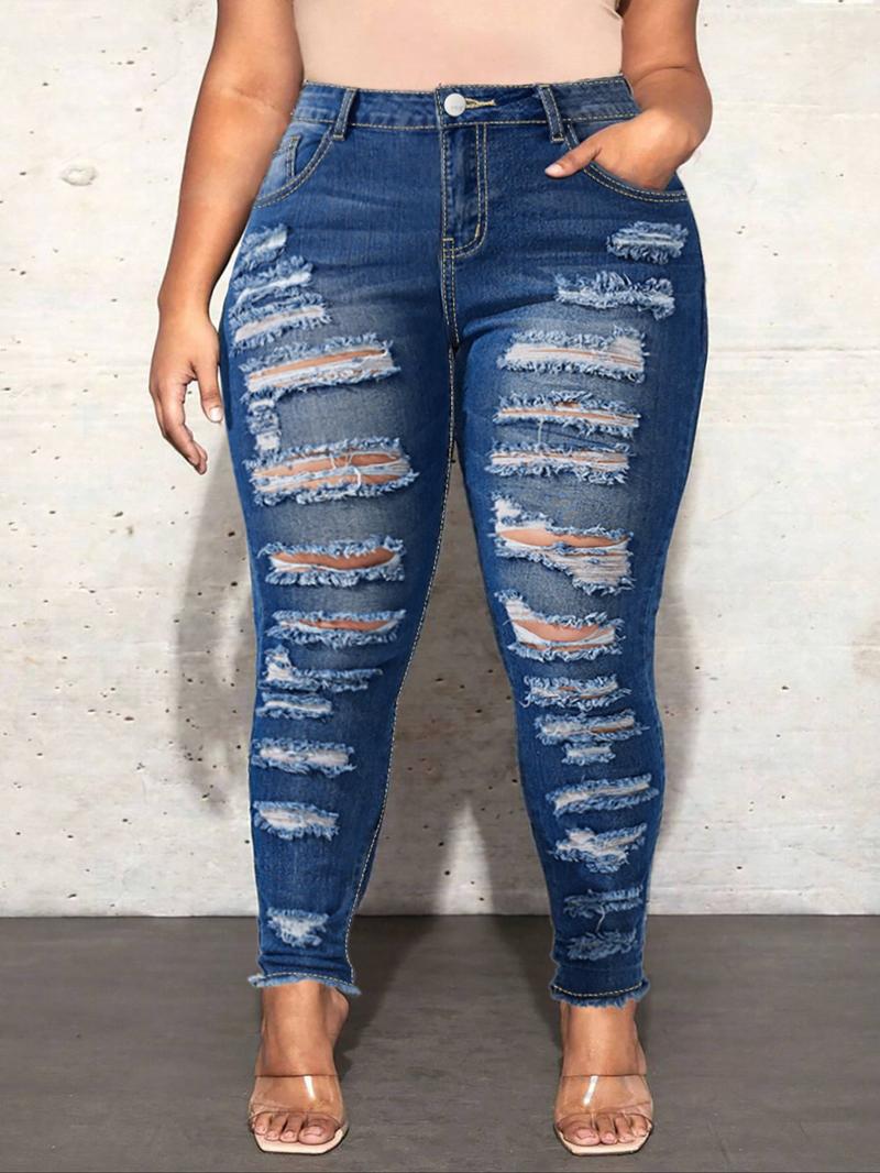 Plus Size Women's Fashion Ripped Denim Jeans, Tight Fit Sexy Slim Fit Pants, Elastic Fabric for Parties, All Seasons Wear
