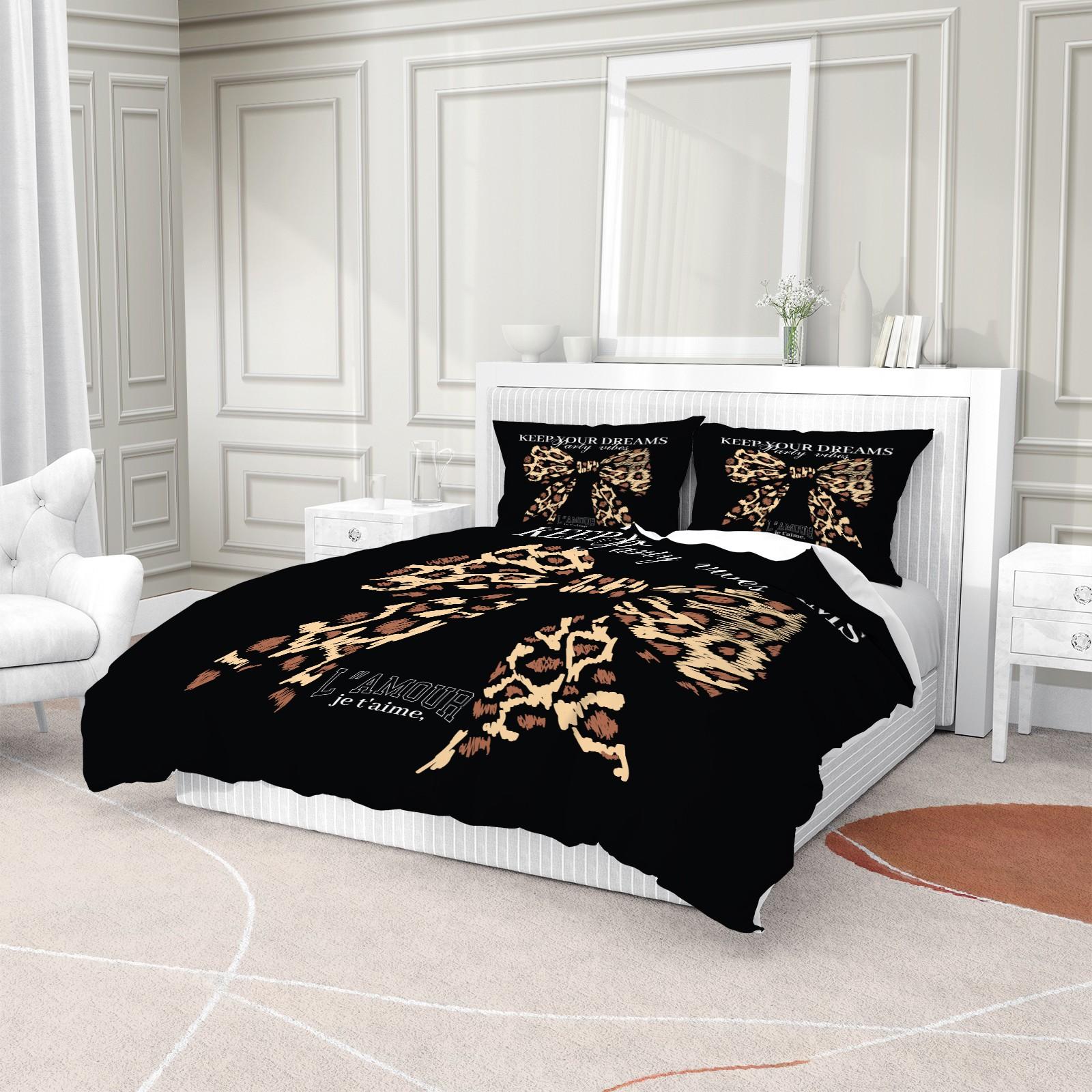 Leopard bow pattern duvet cover set, soft and durable bedding set, contains 1 duvet cover and 1 or 2 pillowcases, daily holiday birthday gift bedroom decoration for children and adults