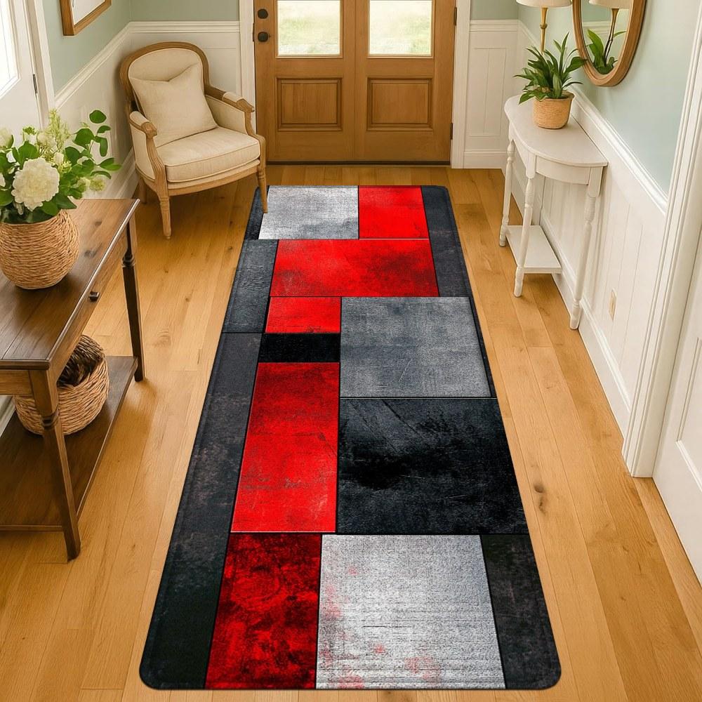 1PC， Red Black Gray Geometric Splicing Patterned strip rugs, home décor, bathroom mats, entryway mats, bathroom non-slip mats, indoor entrance rugs, bedroom bedside mats, kitchen mats, hallway rugs, flannel sponge rugs, hallway runner rugs