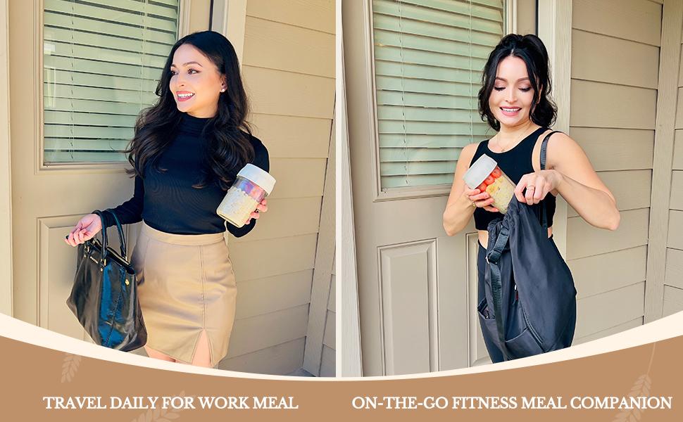 Soligt Overnight Oats Containers with Lids, Folding Spoons, and Divided Compartments for Fruit & Nuts, Small Glass 16oz Mason Jars for Oatmeal Yogurt Parfait Kitchen Utensils Portable Plastic Travel meal prep containers