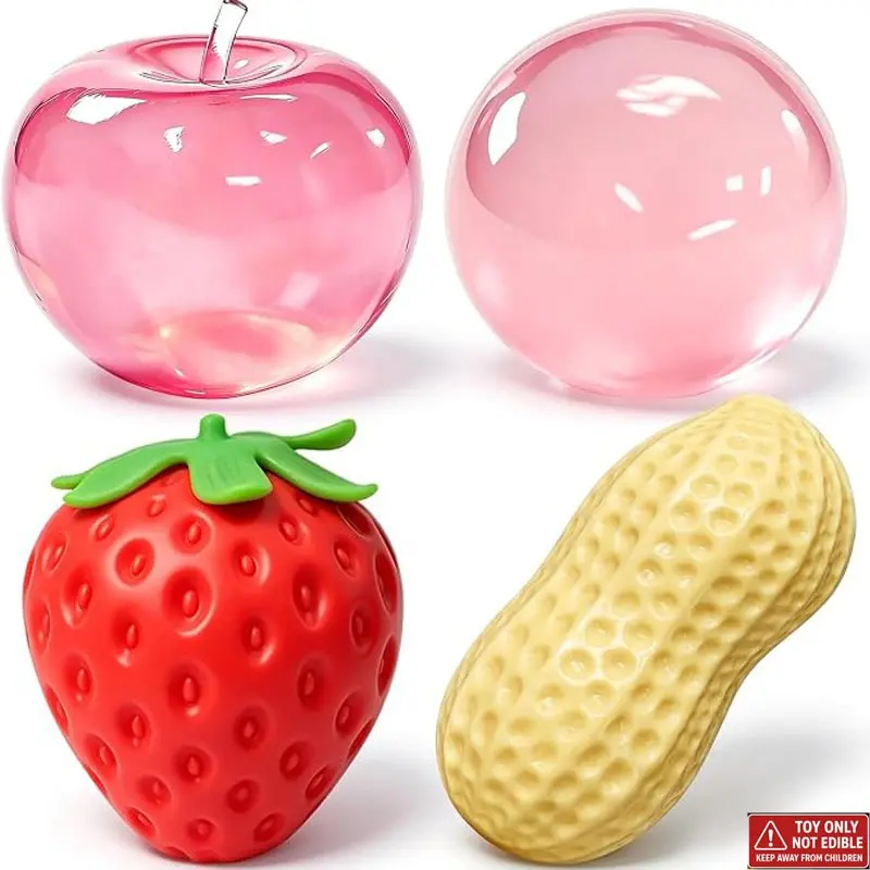 4 Pack Fruit Squishy Set - Apple, Strawberry, Peanut, Round ball Squishy, Slow Rising Squeezee Stress Ball for Adults Kids Anxiety Relief Birthday Party Favors