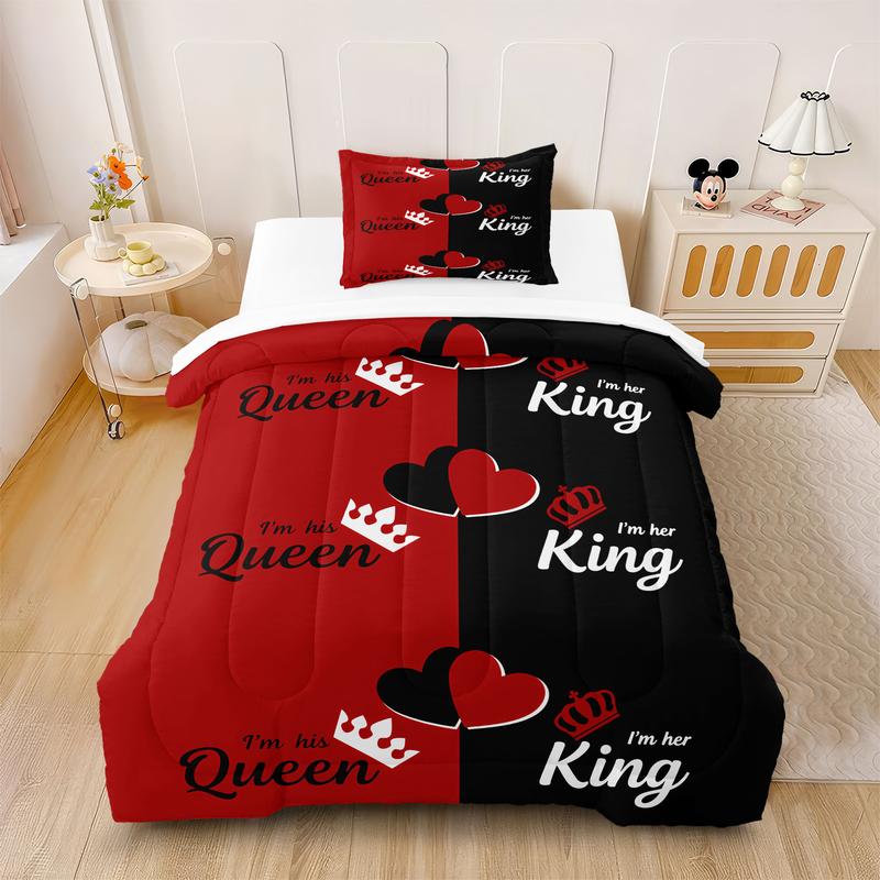 Black and Red Color-blocked Heart-patterned Comforter Set, Decorative Bedding Set with King and Queen Print. Soft, Fluffy, and Warm, Perfect for Beds, Sofas, Offices, and Camping. A Cozy and Comfortable Holiday Gift.