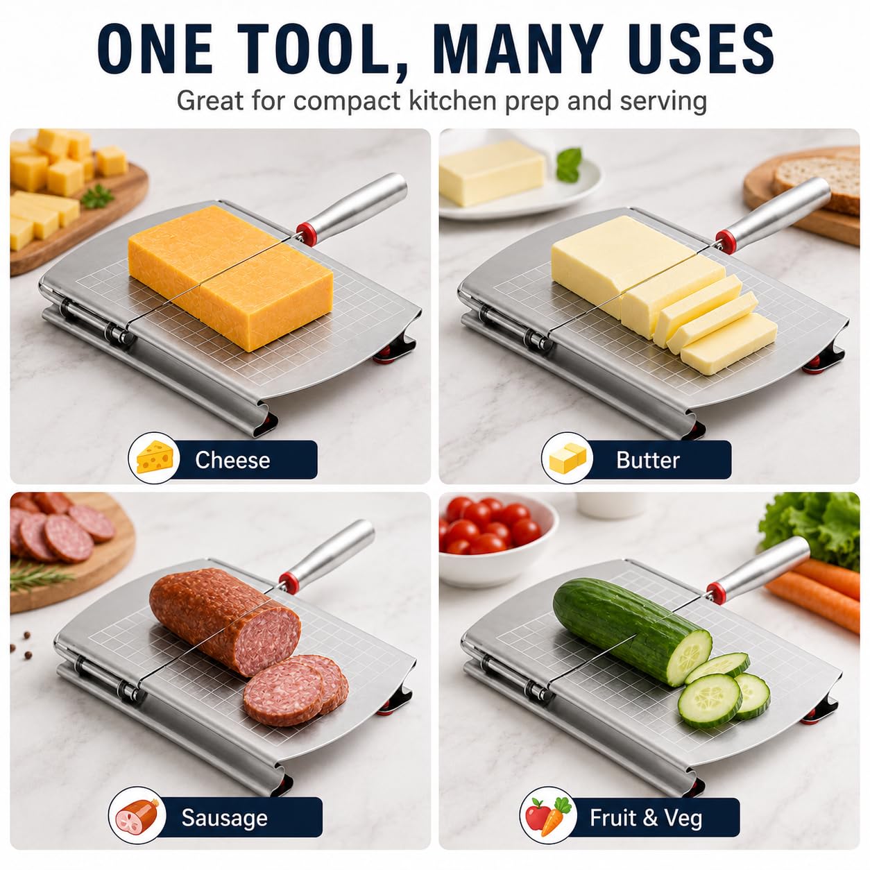 1 Pack Stainless Steel Butter Cutting Board, Handheld Cheese Slicer Board, Vegetable and Sausage Cutter, Multipurpose Kitchen Tool for Cutting Cheese Butter Sausage and Fruits