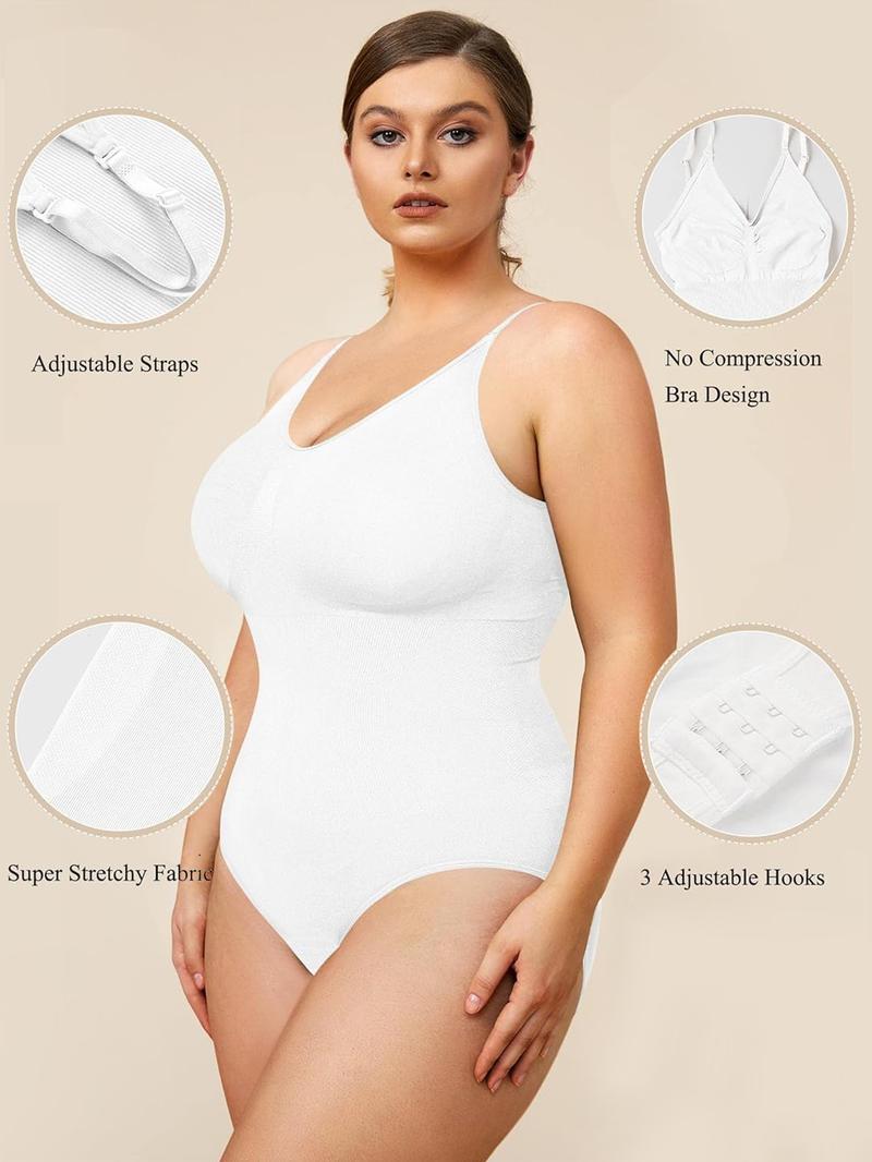 Women's Solid Backless V Neck Shapewear Bodysuit Curve Hugging Compression, Hook Eye Design Basic Minimalist Adjustable Strap Bodysuit, Ladies Shapewear for Daily Wear, Tummy Tuck Garment