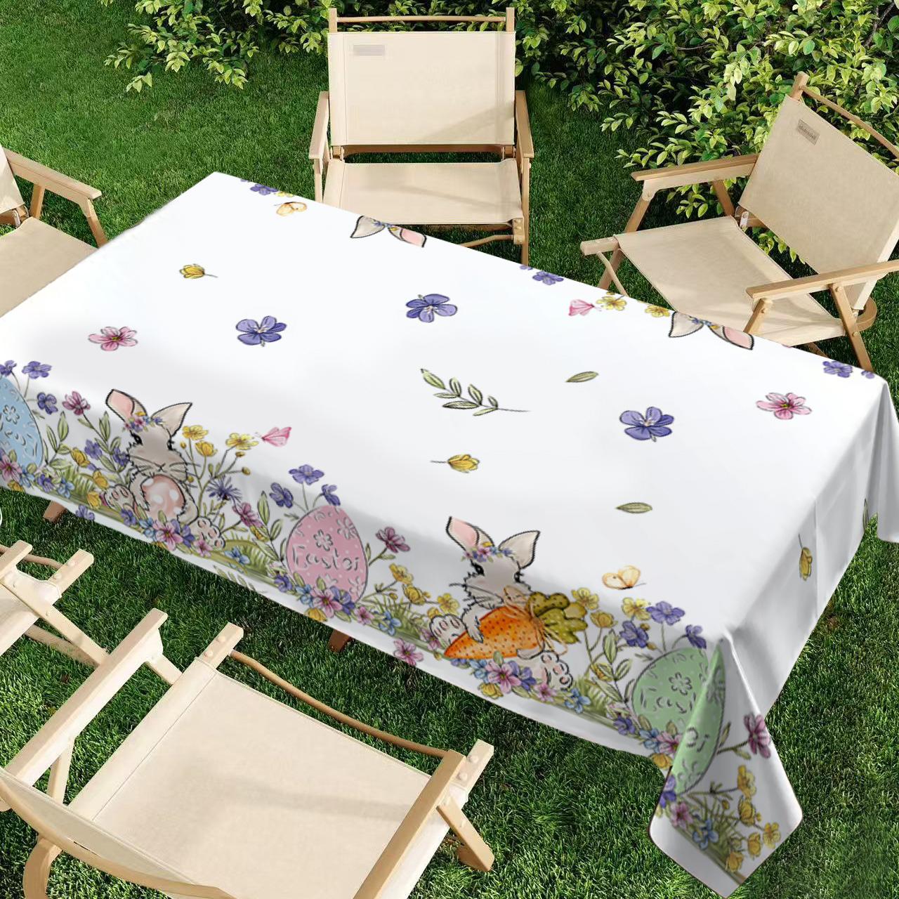 Rectangular Easter Tablecloth, Cartoon Rabbit & Egg Design, Spring/summer Floral Pattern, Perfect for Holiday/easter Decorations