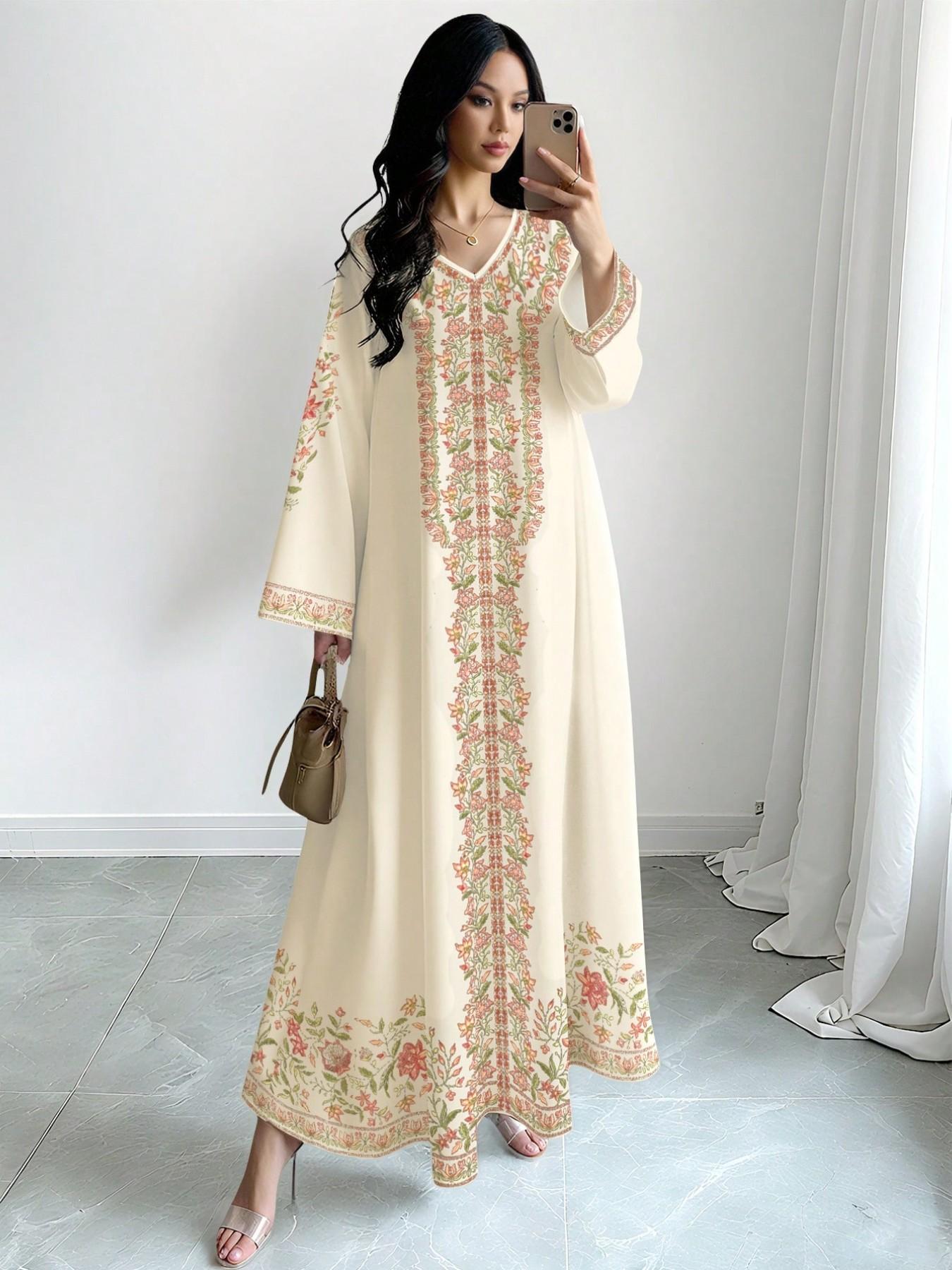 Elegant Muslim Long Dress for Women, Printed Abaya Robe, Floral Abaya, Formal Long Sleeve A-Line Dress, Stylish and Comfortable Islamic Fashion