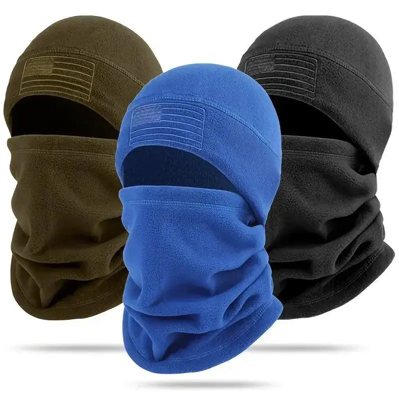 Men's 2-Piece Knitted Ski Mask & Beanie Set, Winter Windproof Full-Face Thermal Neck Warmer, Motorcycle Cold-Weather Skiing Protective Gear with Flag Patch-Like Strips (Brown, Black, Blue, Dark Grey)