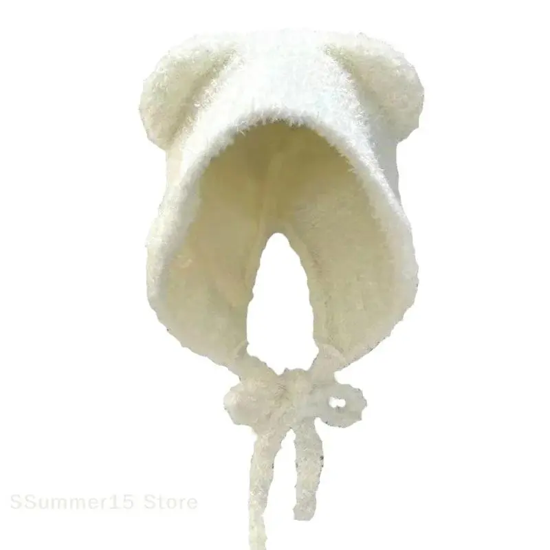【R】Winter Women's Fashion Hat Cute Bear Earmuff Hat Plush Warm Solid colors Hat