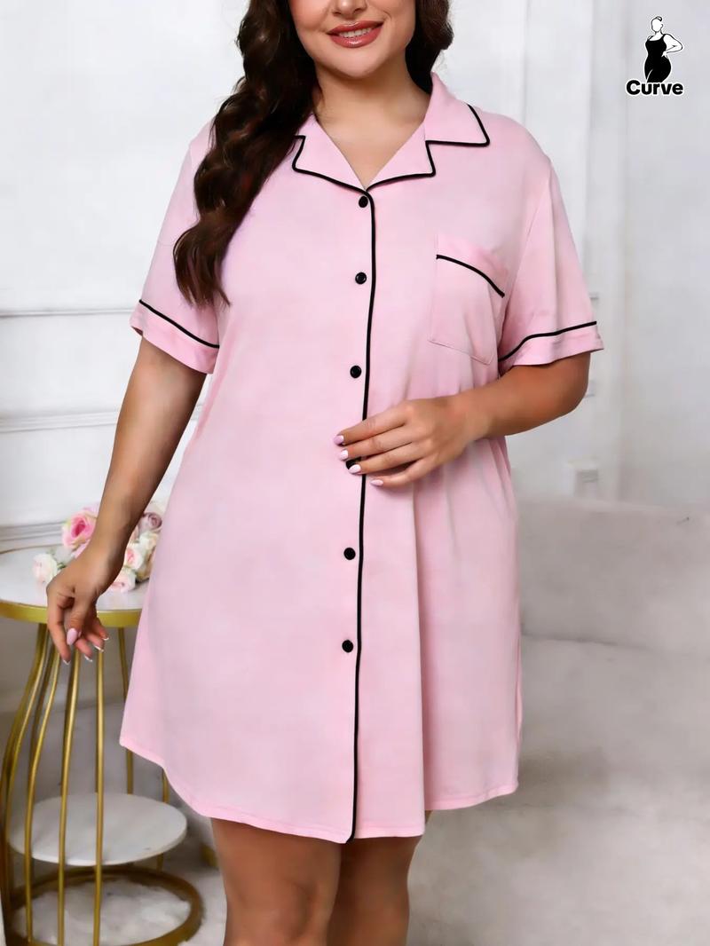 【Plus Size】 Solid Button Closure PJ Dress, Casual Comfy Short Sleeve Nightdress for Summer, Women's Sleepwear for Indoor Wear